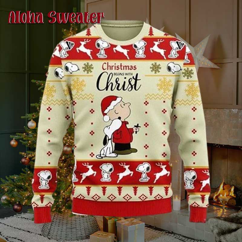 Peanuts Christmas Begin With Christ Snoopy Ugly Christmas Sweater - Holiday Gift product image