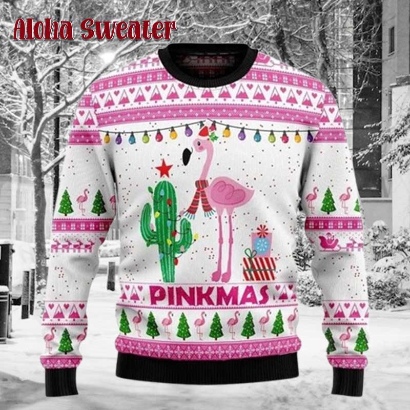 Pink Flamingo All The Way Ugly Christmas Sweater - Holiday Gift product image