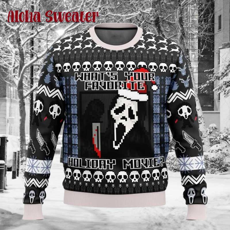 Pixel Pattern Ghostface Scream Holiday Ugly Christmas Sweater - Holiday Gift product image
