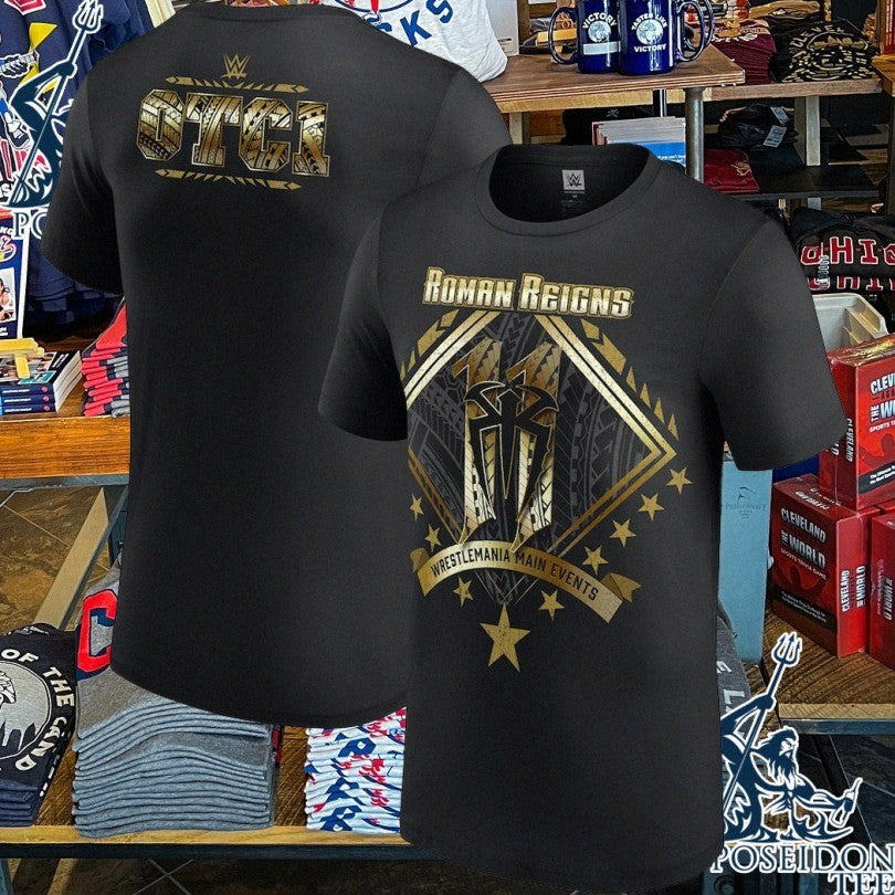 Roman Reigns 11 Wrestlemania Main Events - Adult & Kids T-Shirts, Sweatshirts & Hoodies apparel design preview 1