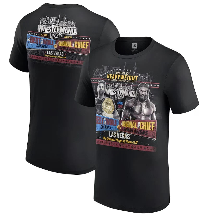 WrestleMania 42 CM Punk vs. Roman Reigns - Adult & Kids T-Shirts, Sweatshirts & Hoodies apparel design preview 1