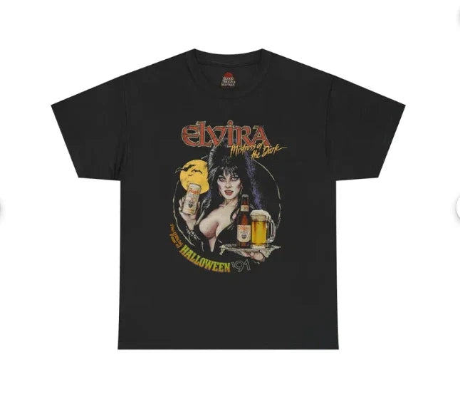 Elvira movie night holding skull and beer Halloween - Adult & Kids T-Shirts, Sweatshirts & Hoodies apparel design preview 1