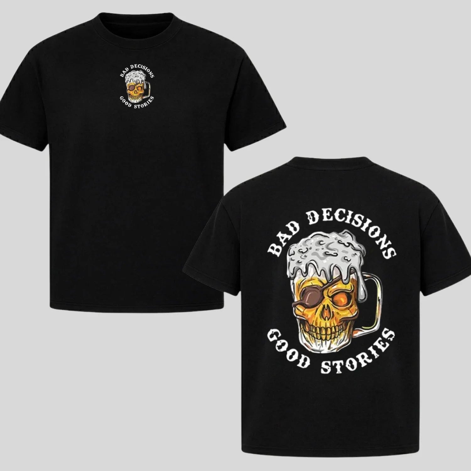 Bad Decisions Good Stories Skull Beer Mug Biker - Adult & Kids T-Shirts, Sweatshirts & Hoodies apparel design preview 1
