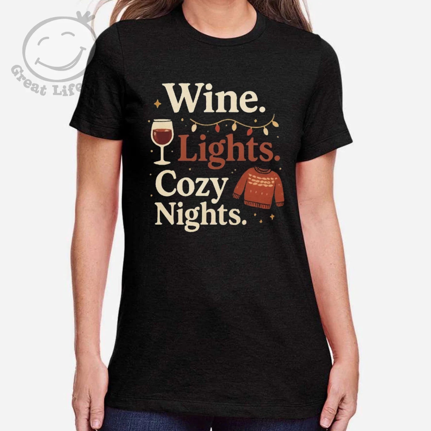 Wine. Lights. Cozy nights, Christmas - Adult & Kids T-Shirts, Sweatshirts & Hoodies apparel design preview 1