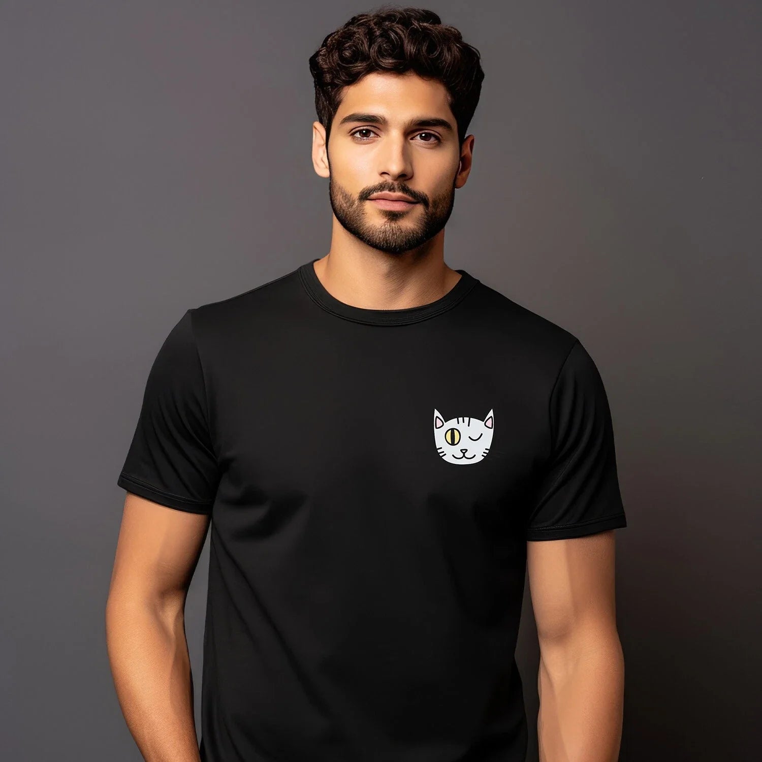 Man short Sleeve Cat Wink Doeil Heart Black - Adult & Kids T-Shirts, Sweatshirts & Hoodies apparel design preview 1