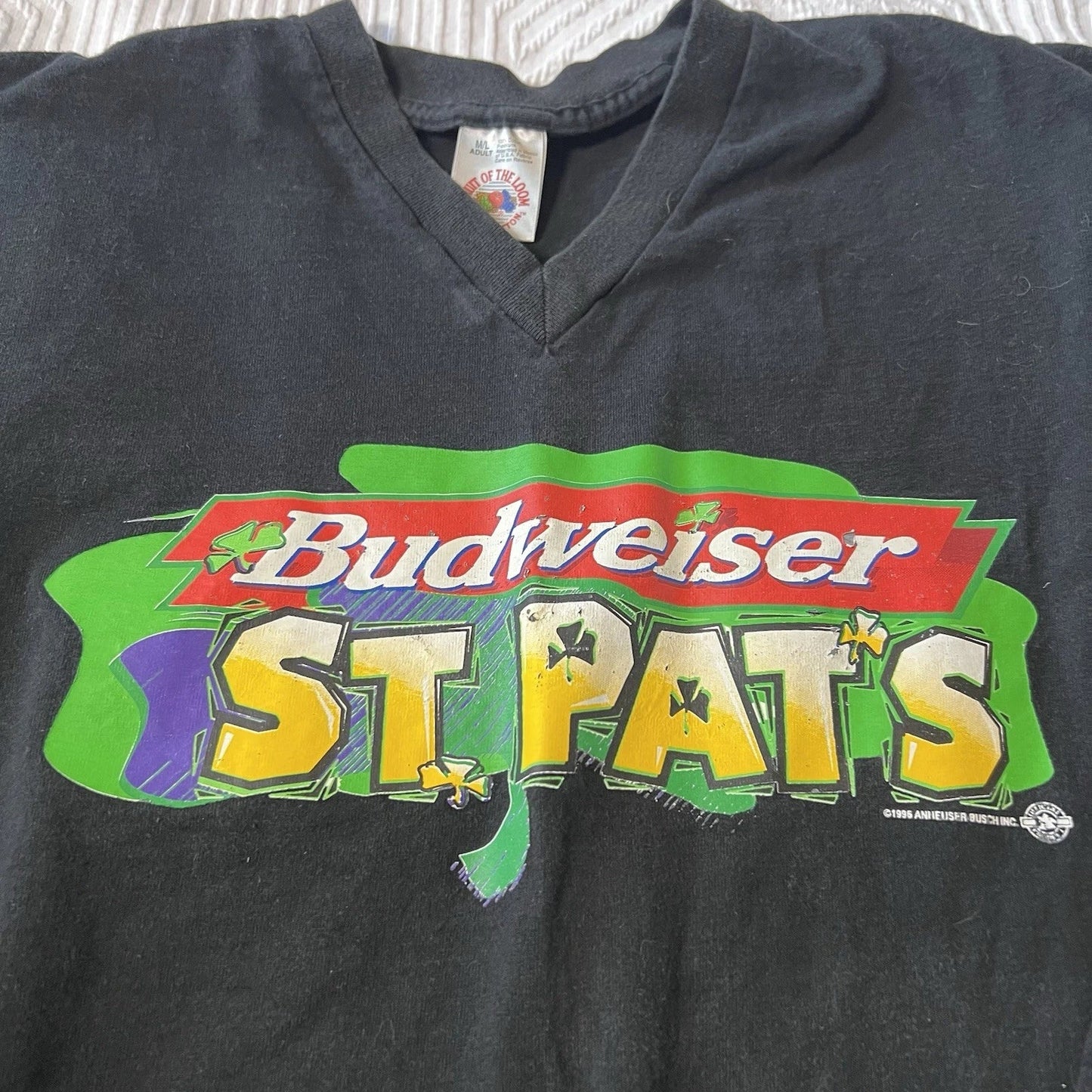 Vintage 1995 Budweiser St. Pat's V-Neck 3/4 Sleeve - Adult & Kids T-Shirts, Sweatshirts & Hoodies apparel design preview 1