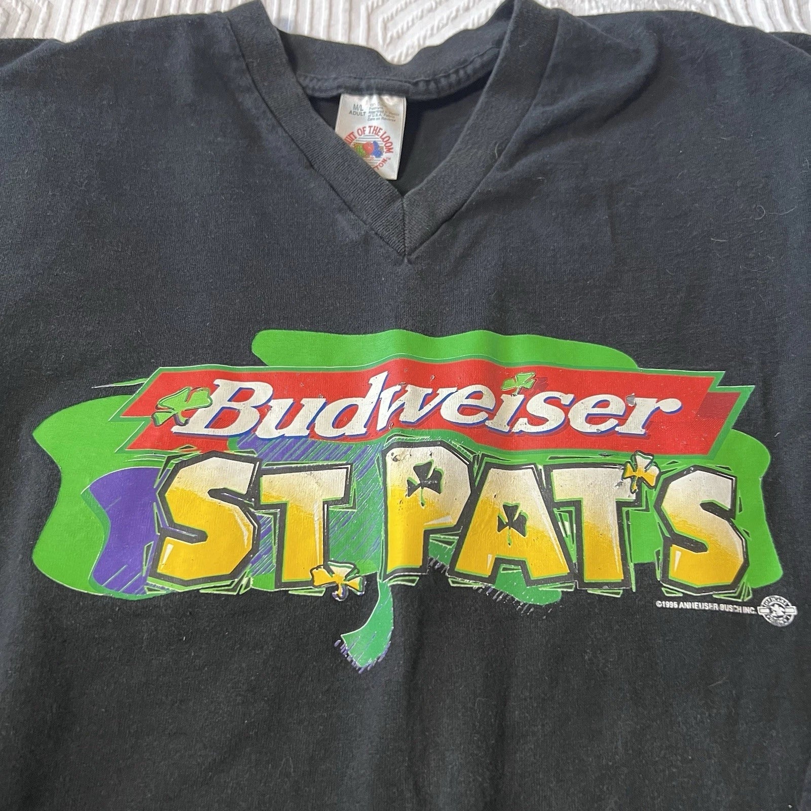 Vintage 1995 Budweiser St. Pat's V-Neck 3/4 Sleeve - Adult & Kids T-Shirts, Sweatshirts & Hoodies apparel design preview 1