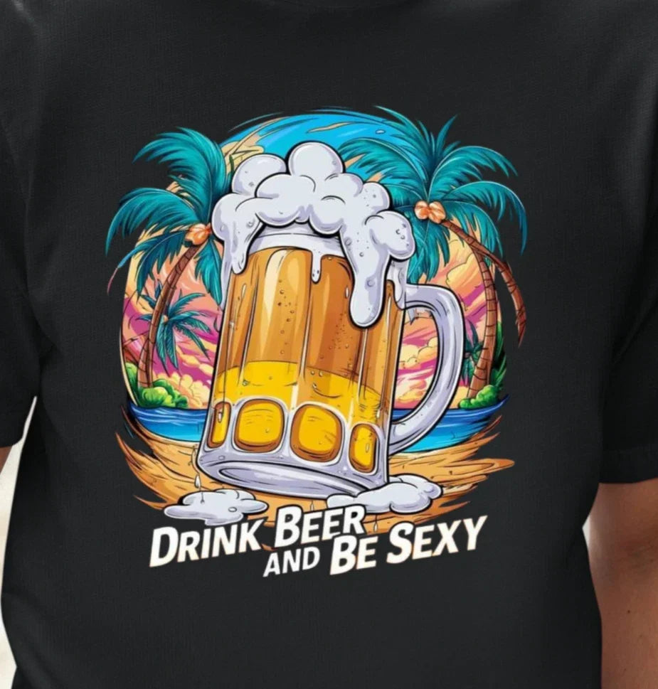 Drink Beer and Be Sexy Tropical Mug Palms Ocean - Adult & Kids T-Shirts, Sweatshirts & Hoodies apparel design preview 1