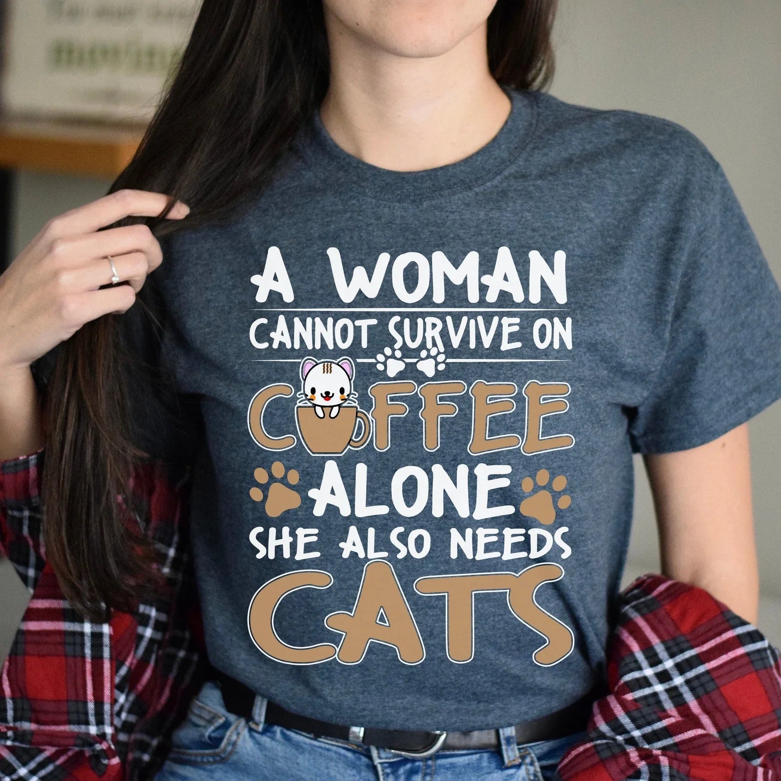 Cats and Coffee cat owner Black Dark Heather - Adult & Kids T-Shirts, Sweatshirts & Hoodies apparel design preview 1