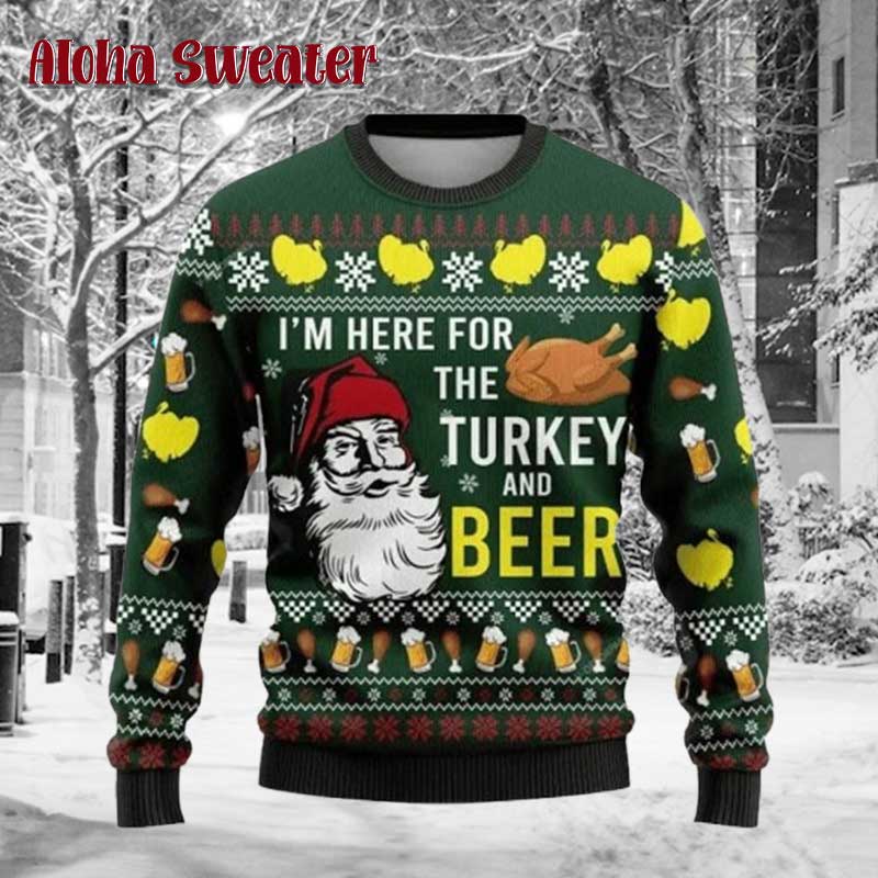 Santa I’m Here For The Turkey And Beer Ugly Christmas Sweater - Holiday Gift product image