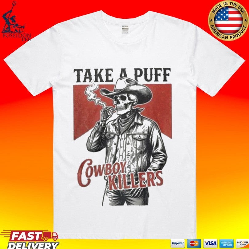 Smoking Skeleton Take A Puff Cowboy Killers Skull - Adult & Kids T-Shirts, Sweatshirts & Hoodies apparel design preview 1