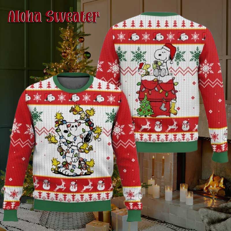 Snoopy Wrapped In Christmas Light Ugly Christmas Sweater - Holiday Gift product image