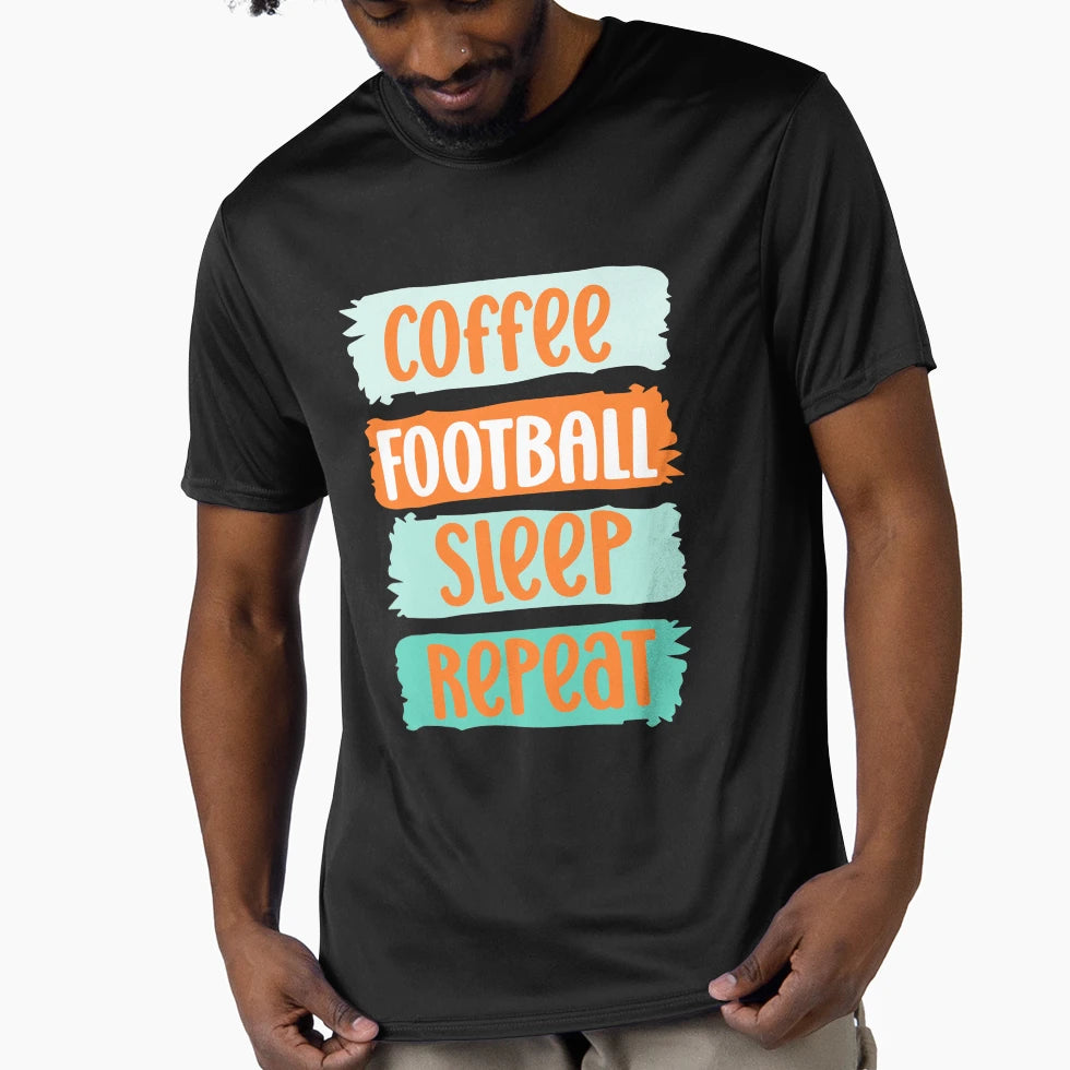 Coffee Football Sleep Repeat Slogan Blue T-Shirt - Trendy Graphic Men Women - T-Shirt, Sweatshirt, Hoodie