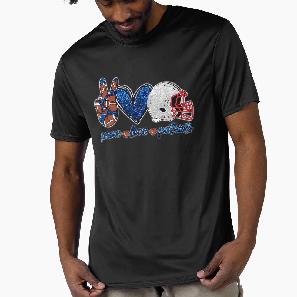 Peace Love Patriots Football Team T-Shirt - Fun Novelty Design for Adults - T-Shirt, Sweatshirt, Hoodie