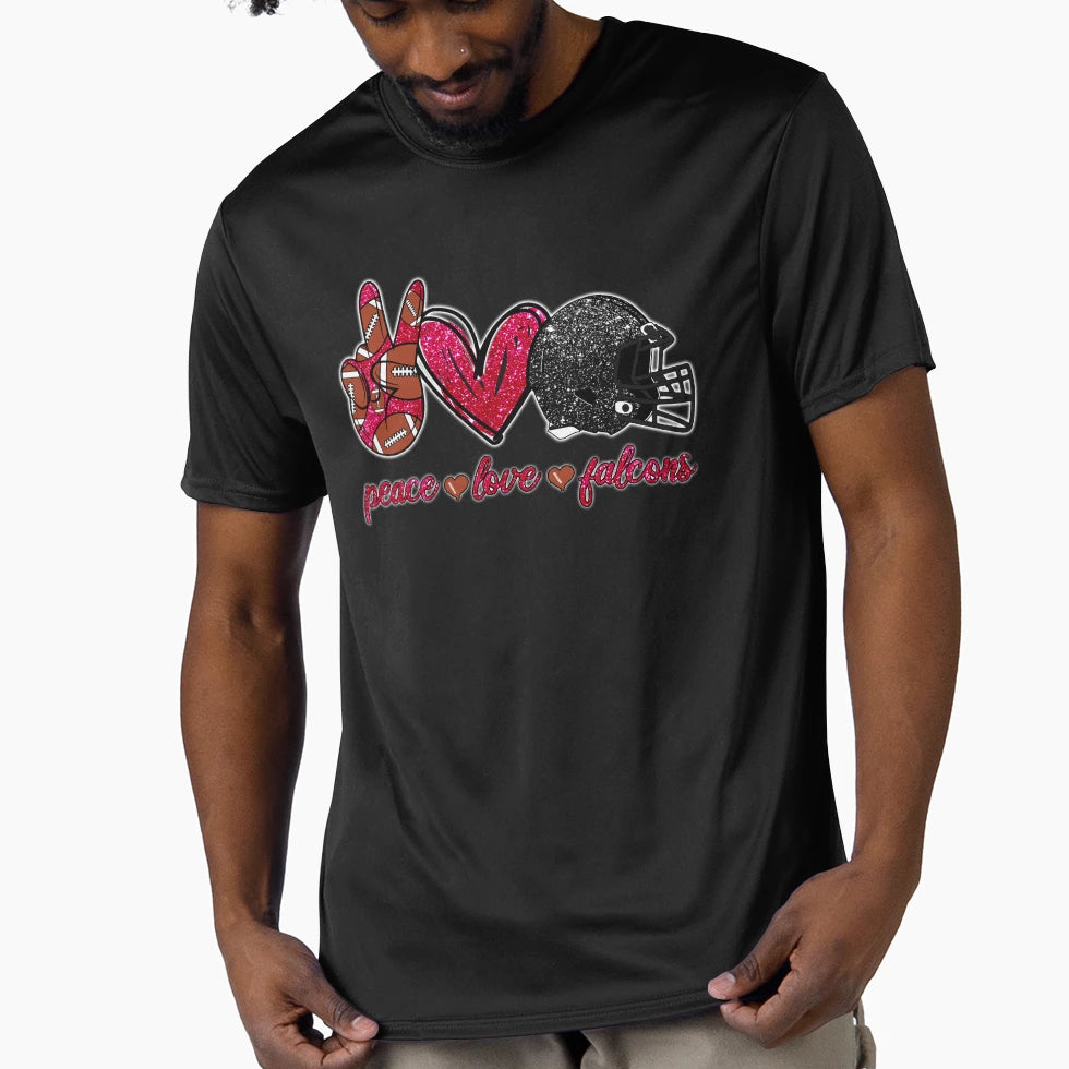 Peace Love Falcons Football Team T-Shirt - Unique Graphic for Adults - T-Shirt, Sweatshirt, Hoodie