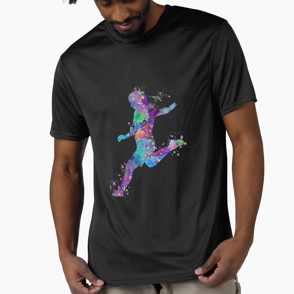 Soccer Player Shooting Pose Watercolor T-Shirt - Trendy Graphic Men Women - T-Shirt, Sweatshirt, Hoodie