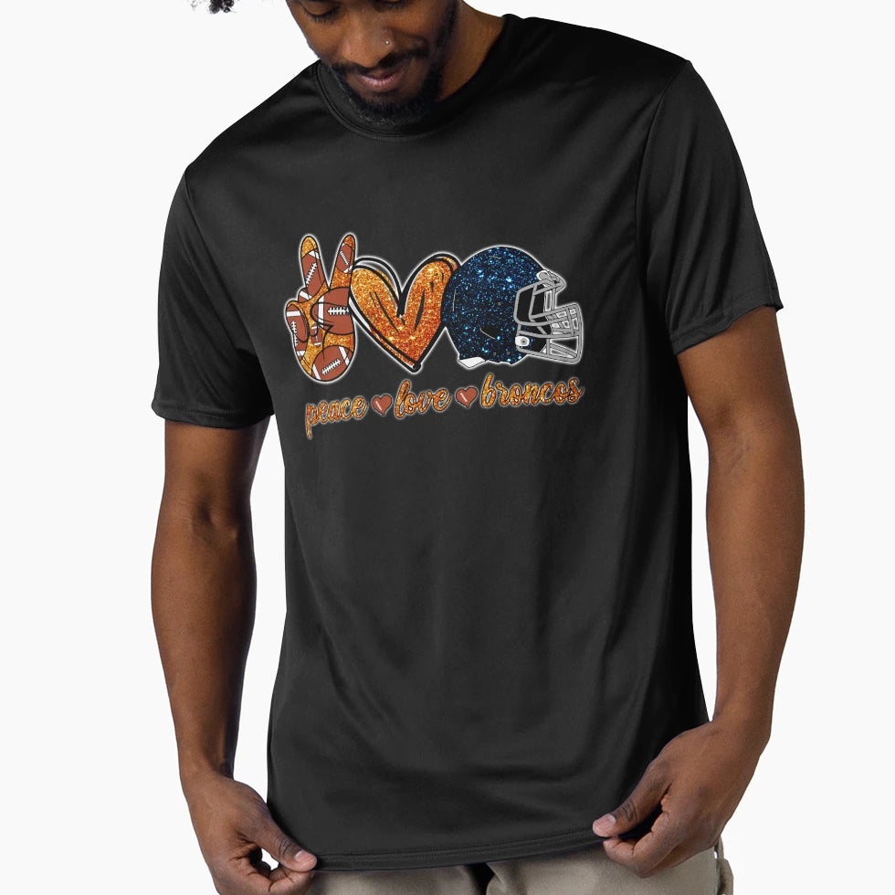Peace Love Broncos Football Team T-Shirt - Custom Art Print for Adults - T-Shirt, Sweatshirt, Hoodie