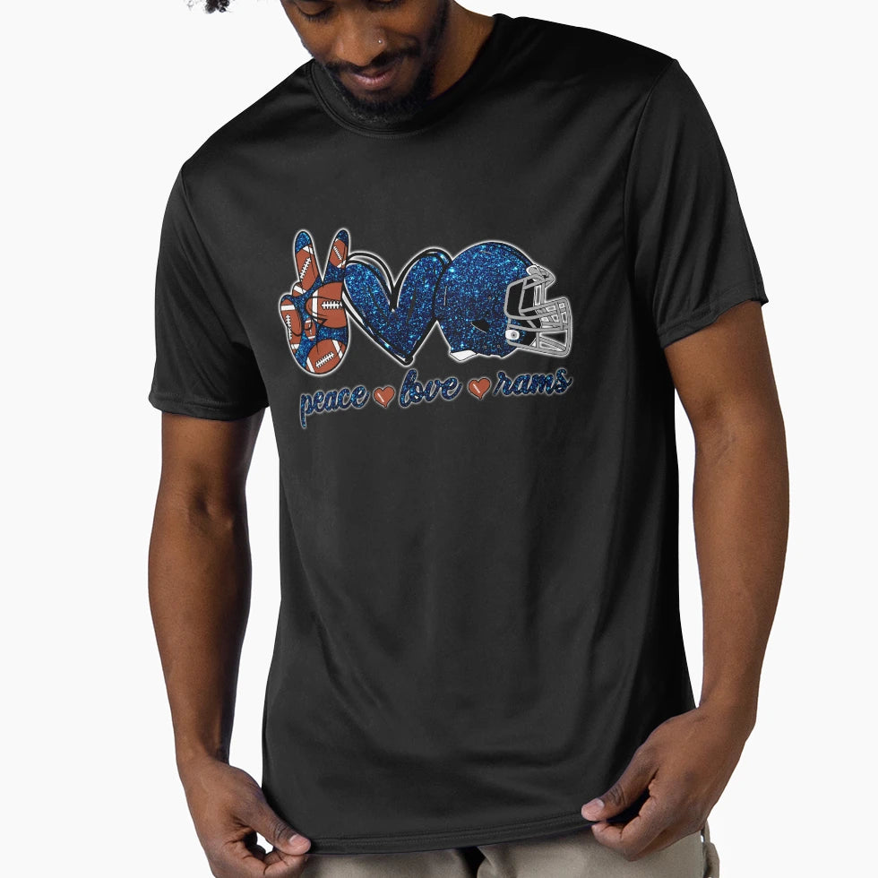 Peace Love Rams Football Team T-Shirt - Graphic Print for Adults - T-Shirt, Sweatshirt, Hoodie