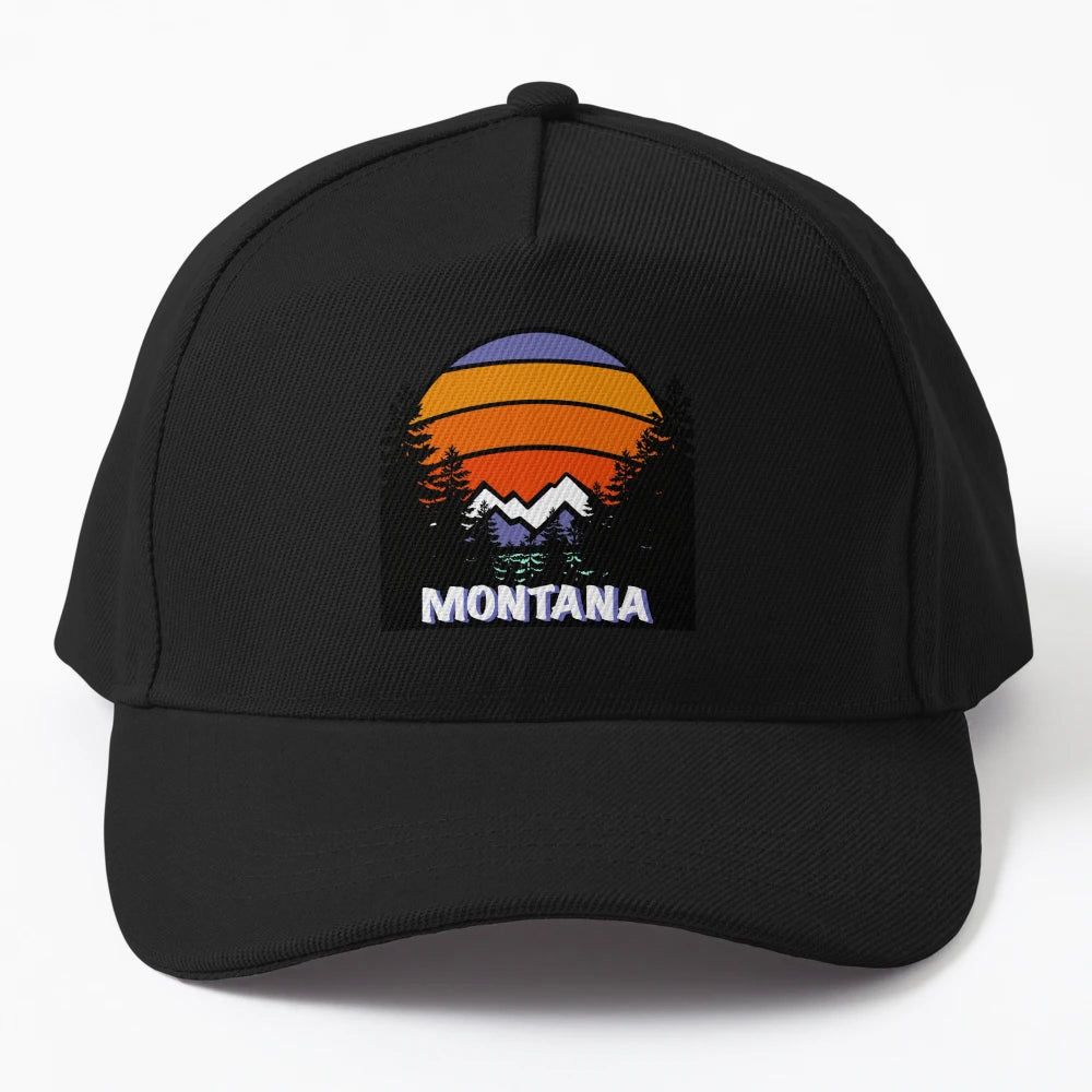 Montana Mountains Pine Trees Design Denim Baseball Cap - Snapback, Trucker Hat, Dad Hat, Denim Baseball Cap