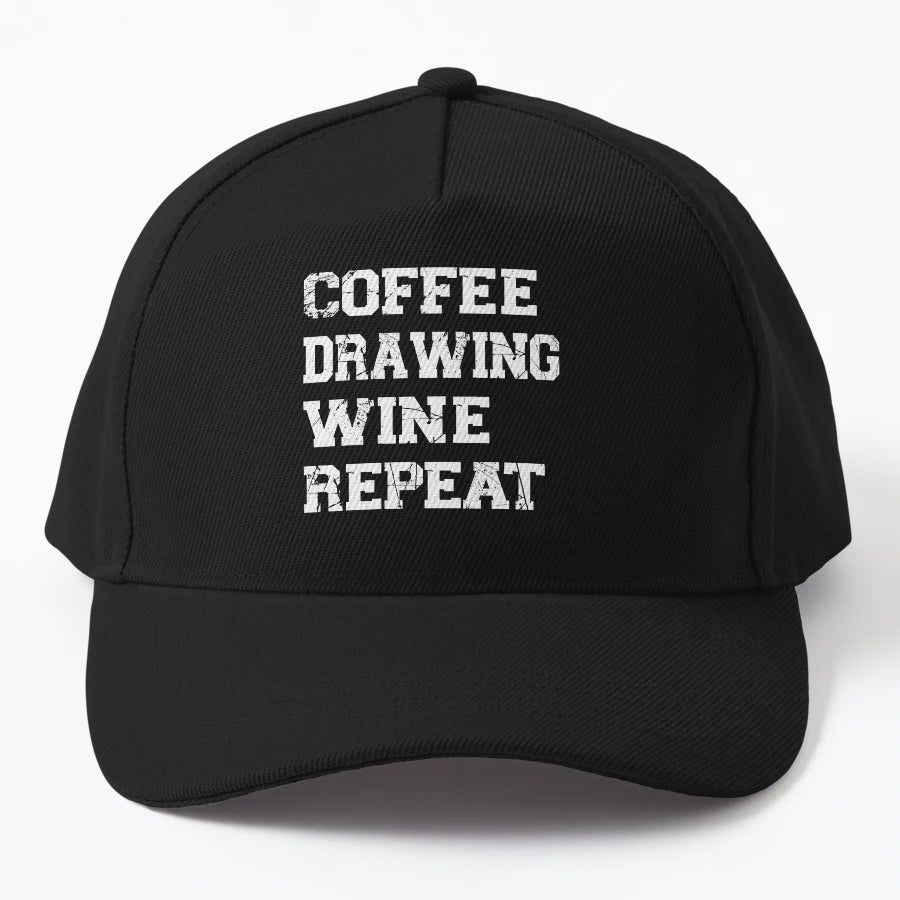 Funny Coffee Drawing Wine Repeat Trucker Hat - Premium - Snapback, Trucker Hat, Dad Hat, Denim Baseball Cap