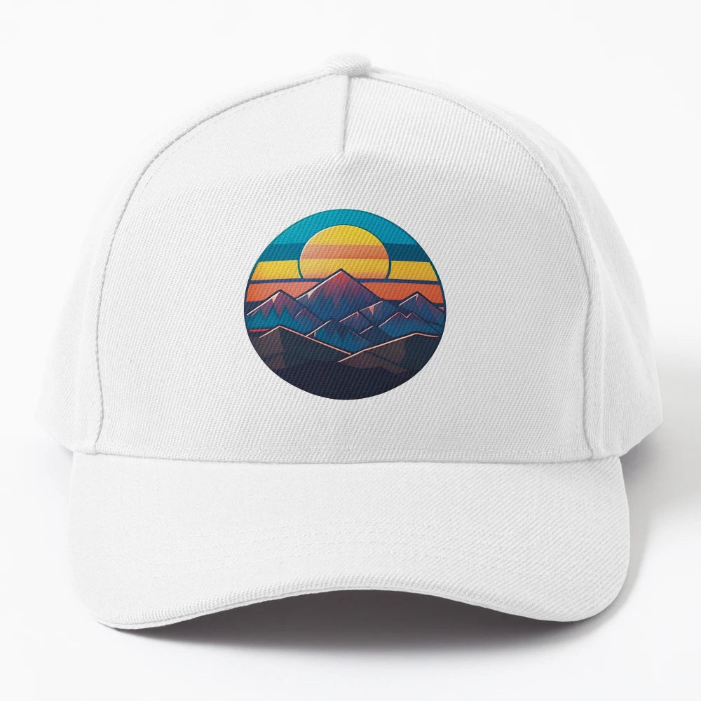 Striped Mountains Denim Baseball Cap - Breathable Mesh - Snapback, Trucker Hat, Dad Hat, Denim Baseball Cap