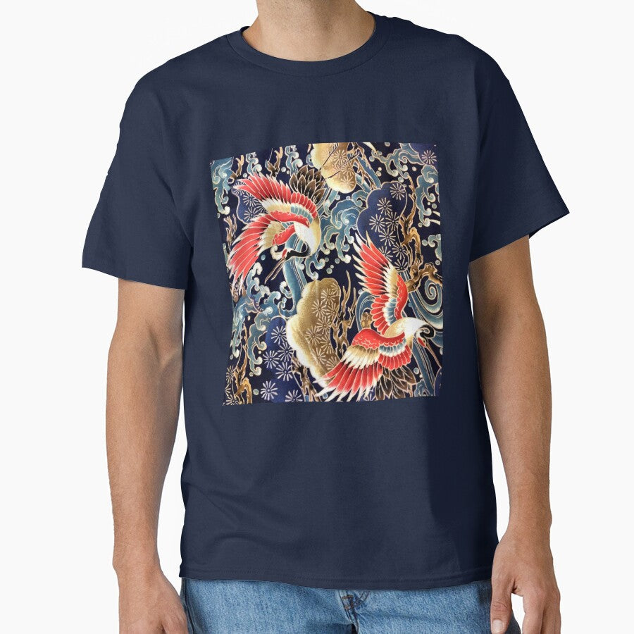 JAPANESE FLYING CRANES ,FLOWERS, SEA WAVES RED NAVY - Adult & Kids T-Shirts, Sweatshirts & Hoodies apparel design preview 1