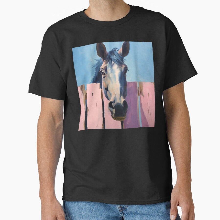 Brown Farm Horse Head Behind The Wooden Fence Artwork - Adult & Kids T-Shirts, Sweatshirts & Hoodies apparel design preview 1