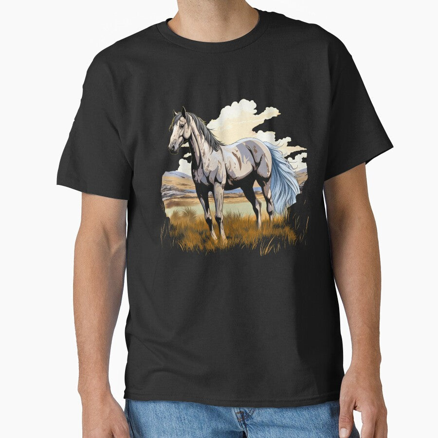 Beautiful grey arabian horse grazing on a country - Adult & Kids T-Shirts, Sweatshirts & Hoodies apparel design preview 1