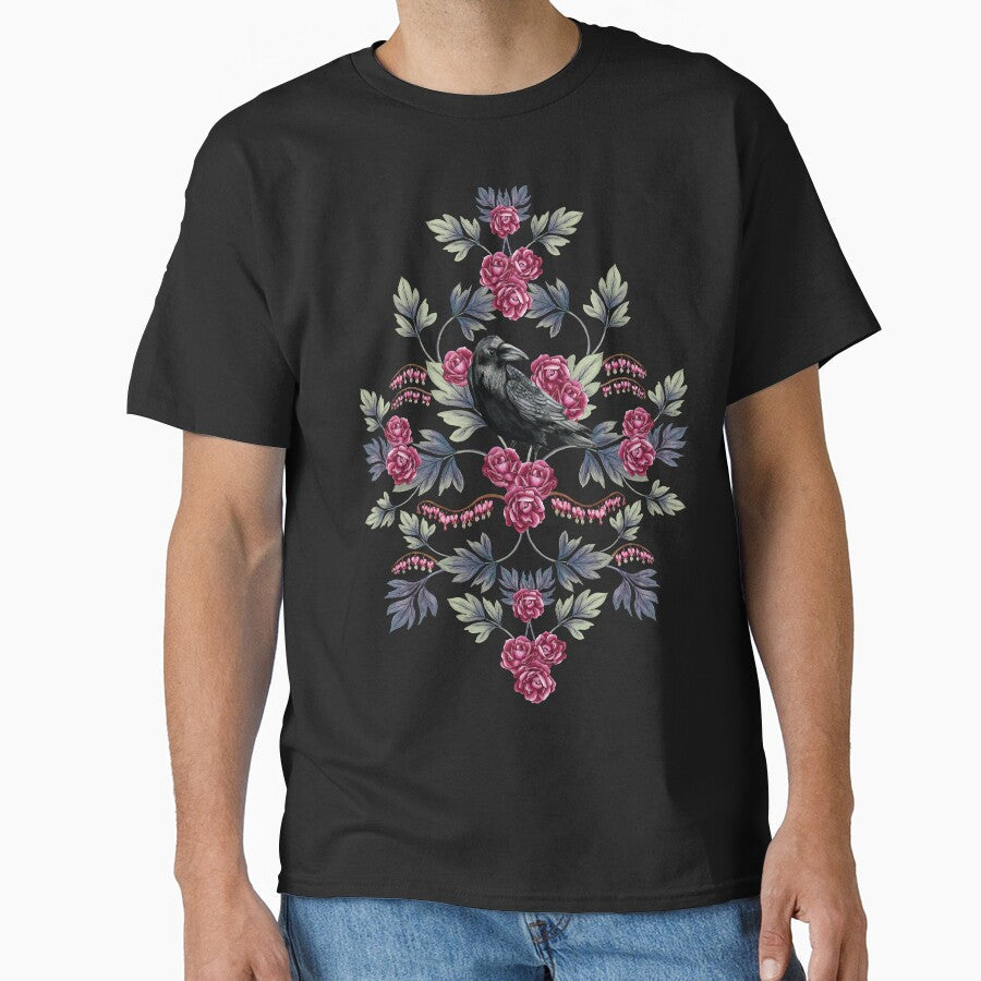 Crow, Bleeding Heart Roses Floral/Botanical Pattern - Adult & Kids T-Shirts, Sweatshirts & Hoodies apparel design preview 1