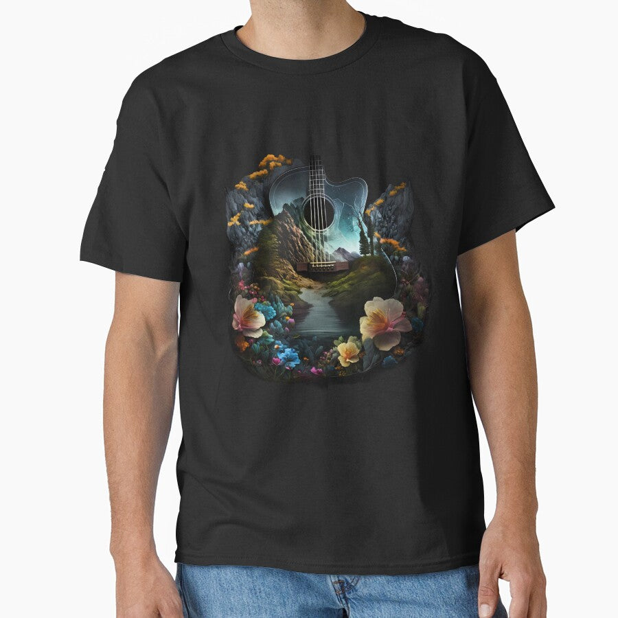 Fusion of Guitar and Nature Night Flowers by Silvio - Adult & Kids T-Shirts, Sweatshirts & Hoodies apparel design preview 1
