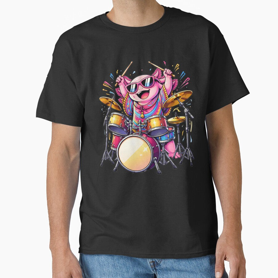 Energetic Drummer Axolotl Fun Pop Art Music Animal - Adult & Kids T-Shirts, Sweatshirts & Hoodies apparel design preview 1