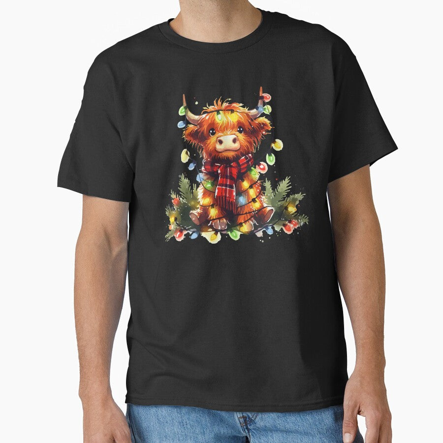 Cute Christmas Highland Cow Heilan Coo Lights by - Adult & Kids T-Shirts, Sweatshirts & Hoodies apparel design preview 1