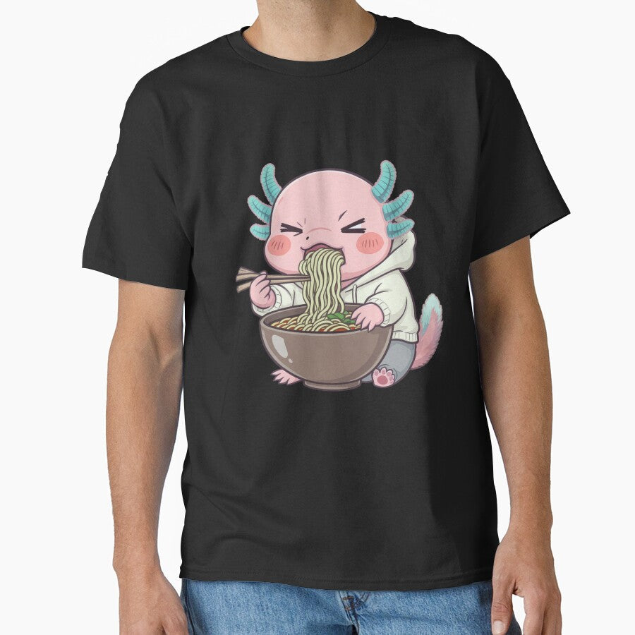 Hungry Axolotl Eating Ramen Cute Funny Food - Adult & Kids T-Shirts, Sweatshirts & Hoodies apparel design preview 1