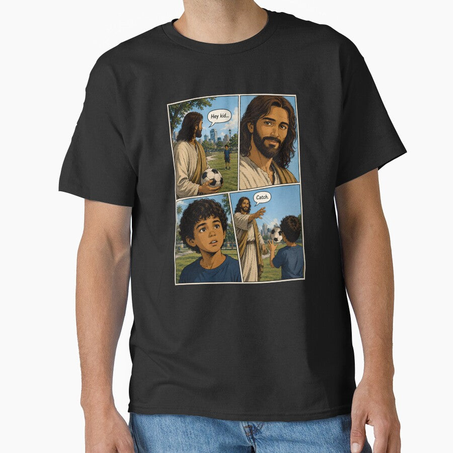 Hey Kid… Catch. Christian Soccer Comic Jesus Sports - Adult & Kids T-Shirts, Sweatshirts & Hoodies apparel design preview 1