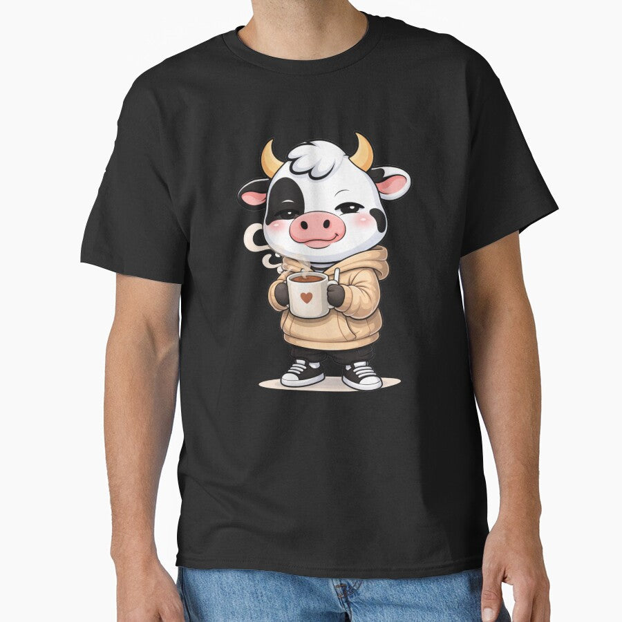 Morning Coffee Cow Cute Kawaii Cartoon Cozy Café - Adult & Kids T-Shirts, Sweatshirts & Hoodies apparel design preview 1