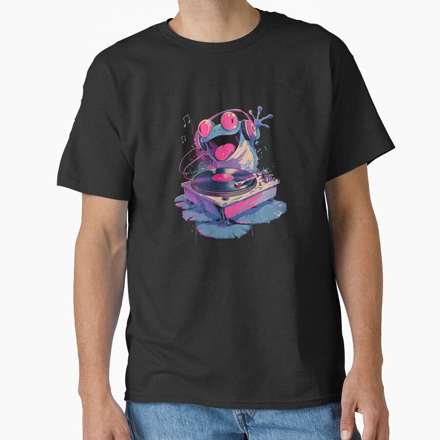 Funky DJ Frog Spinning Vinyl Record Grooves by PixelQ - Adult & Kids T-Shirts, Sweatshirts & Hoodies apparel design preview 1