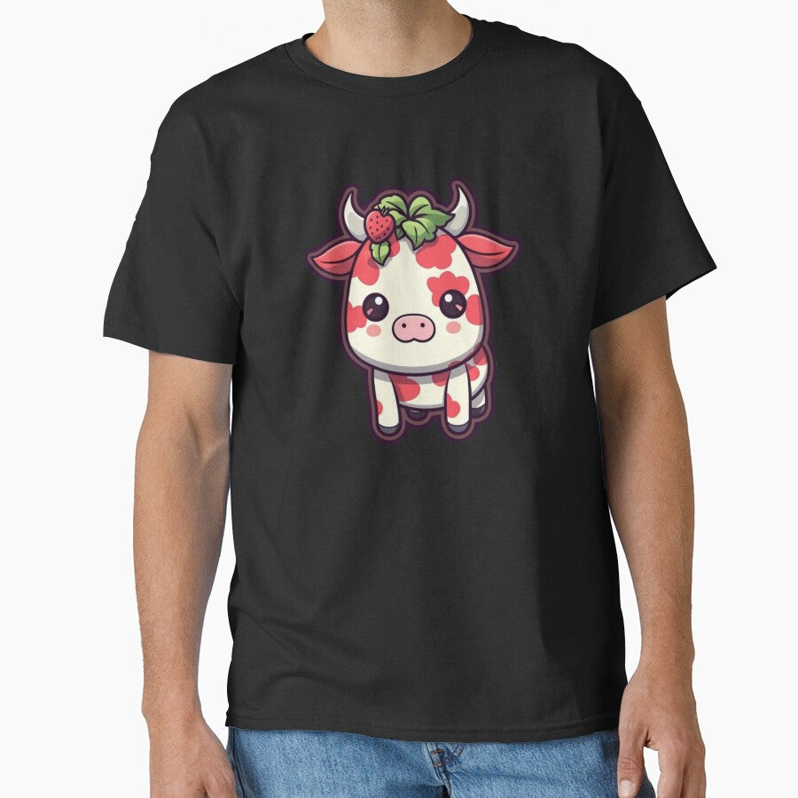 Cute Red Strawberry Cow Bull, Cartoon Style, Sticker - Adult & Kids T-Shirts, Sweatshirts & Hoodies apparel design preview 1