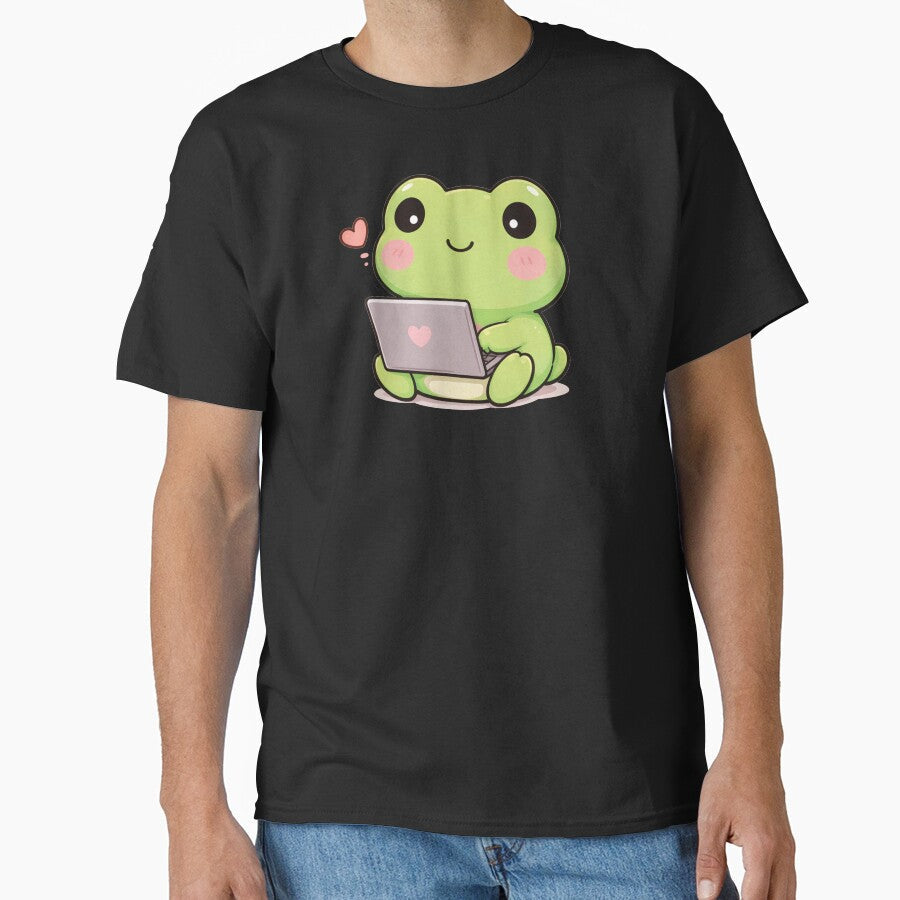 Cute working laptop frog by franky-and-art - Adult & Kids T-Shirts, Sweatshirts & Hoodies apparel design preview 1