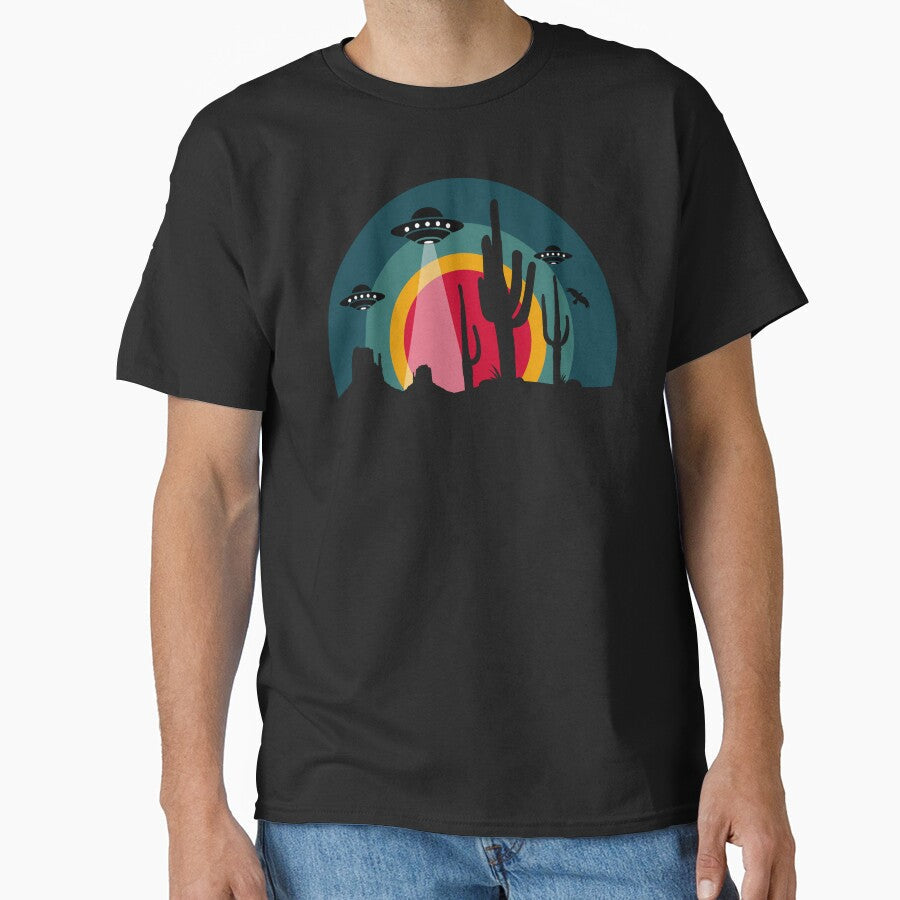 UFO Invasion Desert Retro Sunset by designandclouds - Adult & Kids T-Shirts, Sweatshirts & Hoodies apparel design preview 1