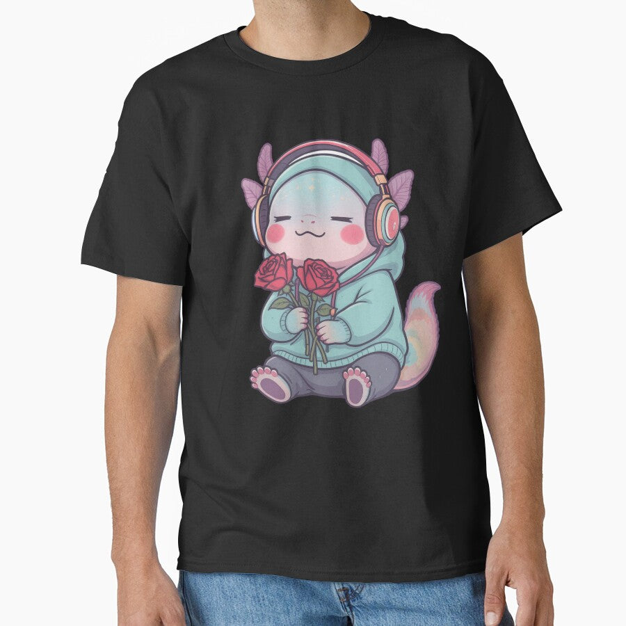 Chill Axolotl with Headphones and Roses Lo-Fi - Adult & Kids T-Shirts, Sweatshirts & Hoodies apparel design preview 1