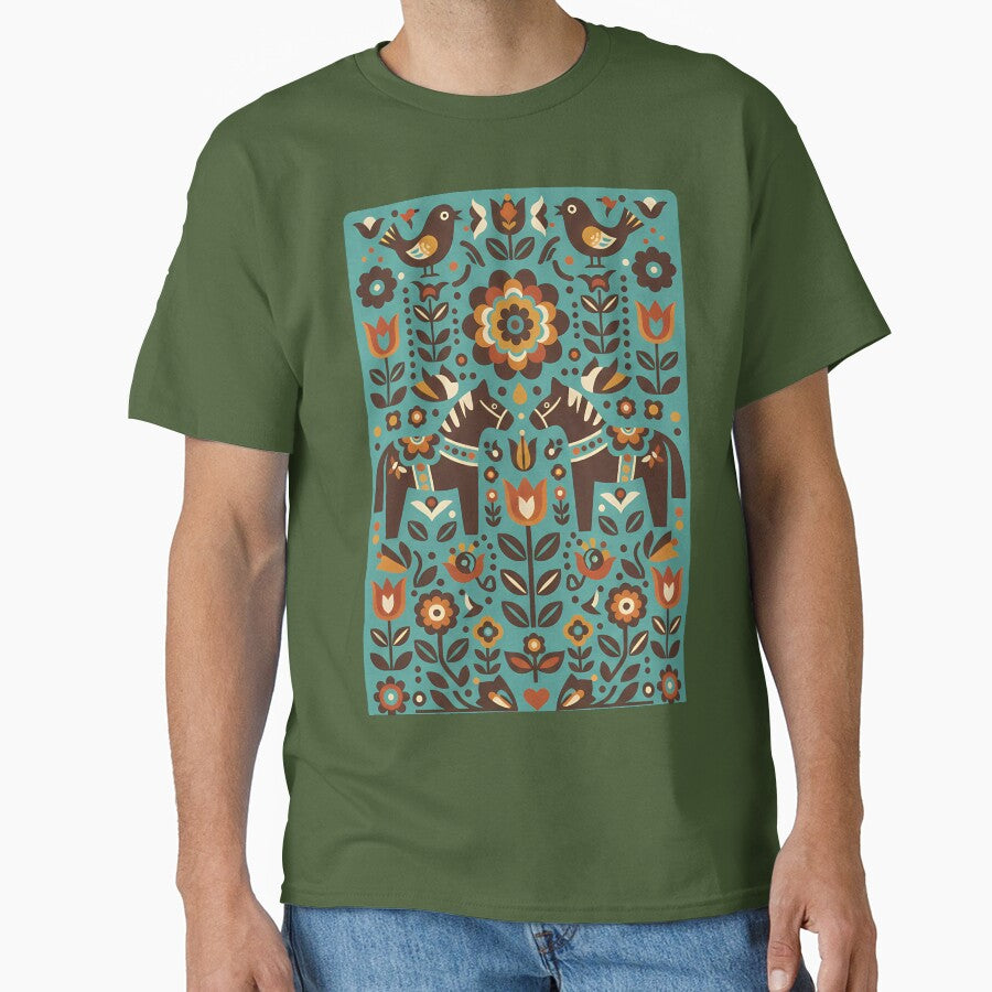 Teal Dala Horse Pattern Scandinavian Folk Art Fusion - Adult & Kids T-Shirts, Sweatshirts & Hoodies apparel design preview 1