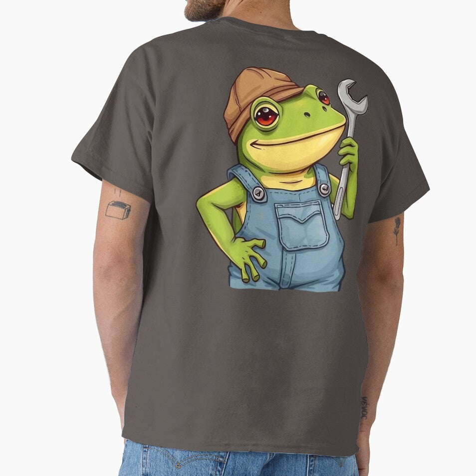 Cute Frog Mechanic Cartoon with Wrench and Overalls 2 - Adult & Kids T-Shirts, Sweatshirts & Hoodies apparel design preview 1