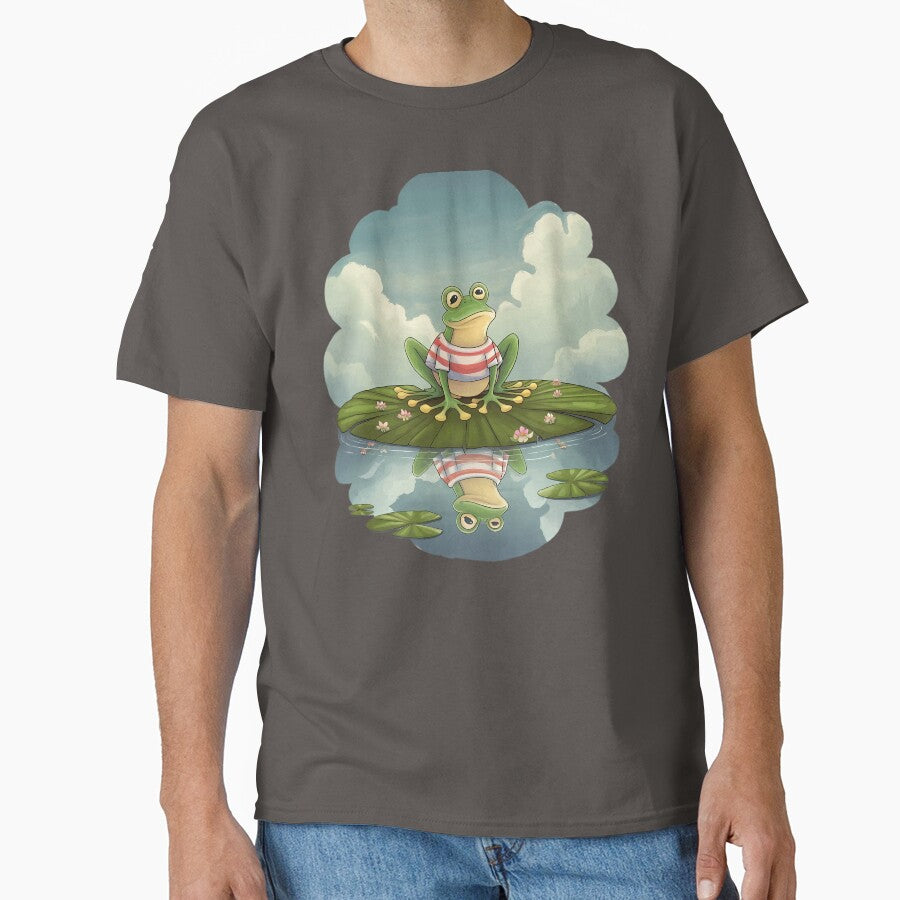 Cute Frog Sitting on Lily Pad Wearing Striped - Adult & Kids T-Shirts, Sweatshirts & Hoodies apparel design preview 1