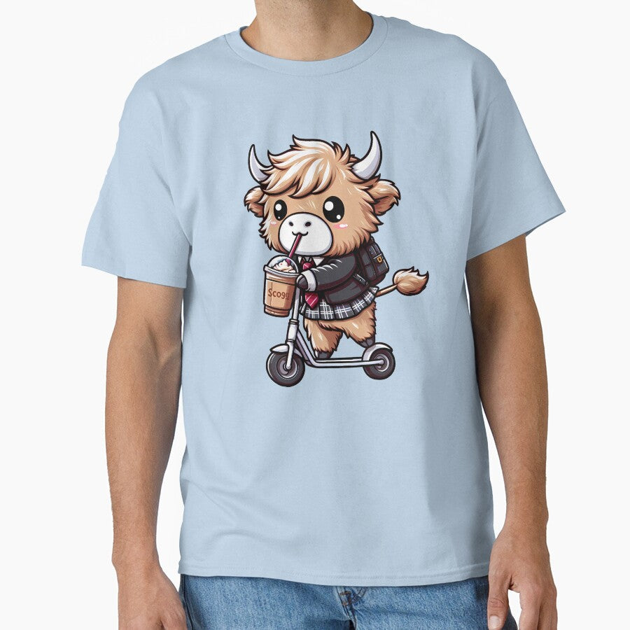 Fluffy Baby Highland Cow Ride Electric Scooter by - Adult & Kids T-Shirts, Sweatshirts & Hoodies apparel design preview 1