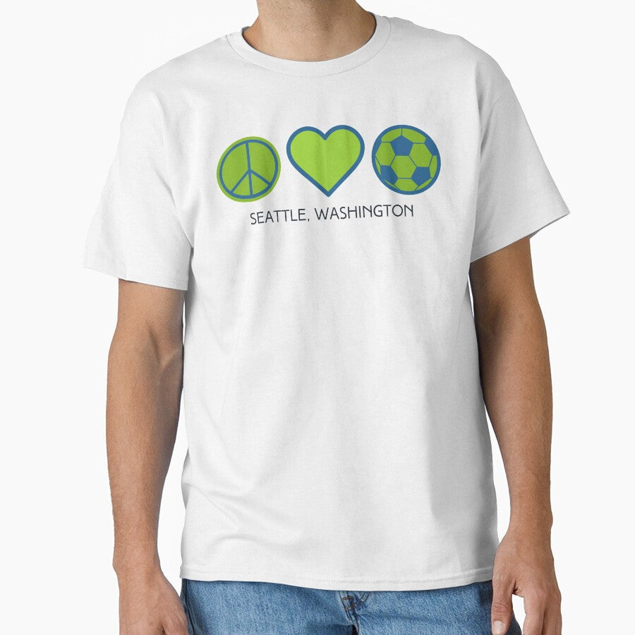 Peace Love Soccer Sounders by SaltyLass - Adult & Kids T-Shirts, Sweatshirts & Hoodies apparel design preview 1