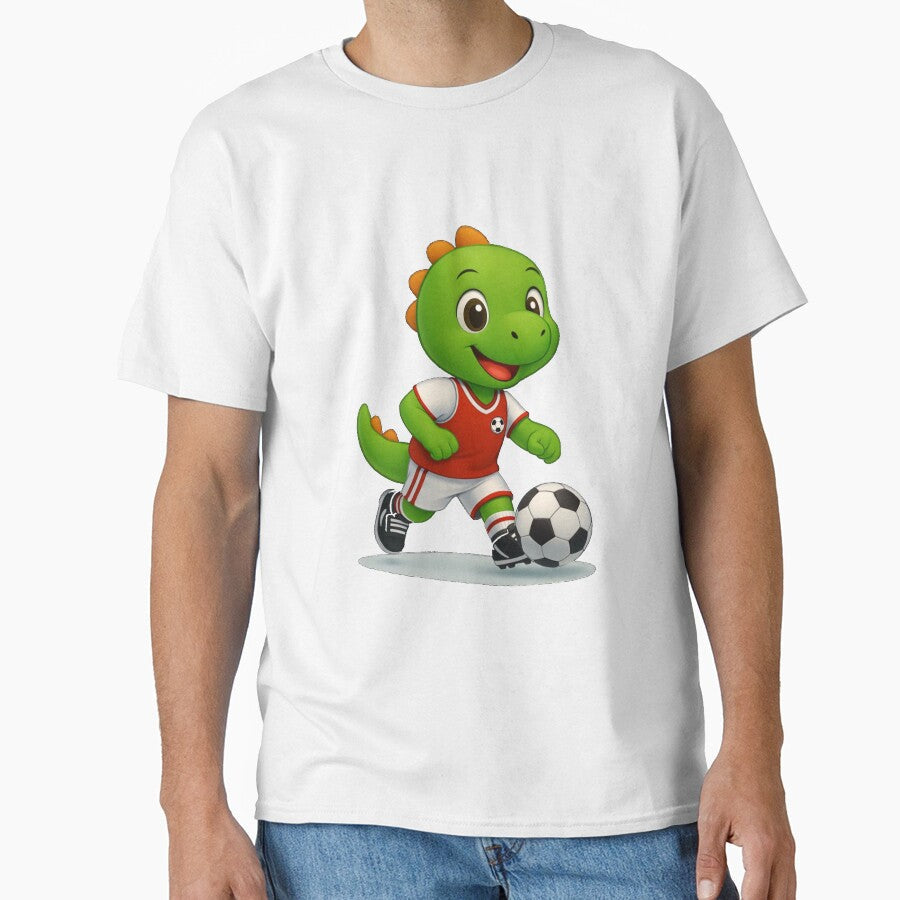 Happy Green Dino Kicking a Soccer Ball Cute Cartoon - Adult & Kids T-Shirts, Sweatshirts & Hoodies apparel design preview 1