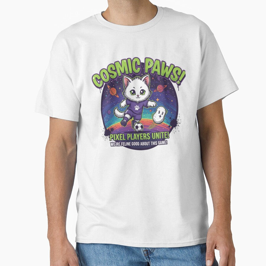 Cosmic Paws Soccer Cat Cute Space Gamer Pixel Players - Adult & Kids T-Shirts, Sweatshirts & Hoodies apparel design preview 1