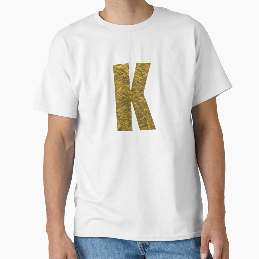 Letter K Yellow And Gold Water Wave T-Shirt - Unique Graphic for Adults - T-Shirt, Sweatshirt, Hoodie