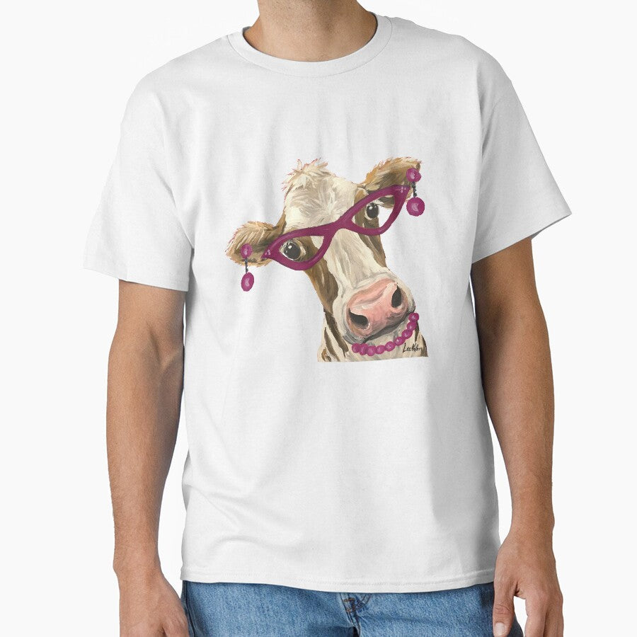 Cute Cow with Glasses and Earrings by leekellerart - Adult & Kids T-Shirts, Sweatshirts & Hoodies apparel design preview 1