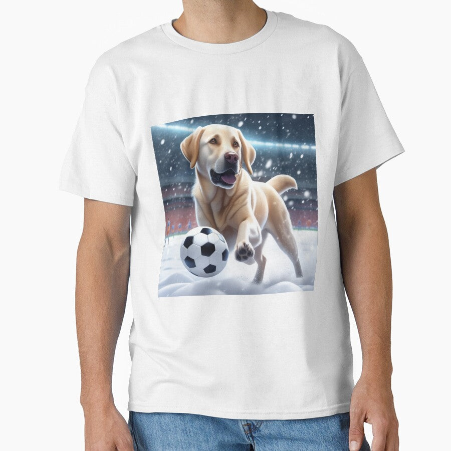 A Labrador Dog Playing Soccer/Football In The Snow by - Adult & Kids T-Shirts, Sweatshirts & Hoodies apparel design preview 1